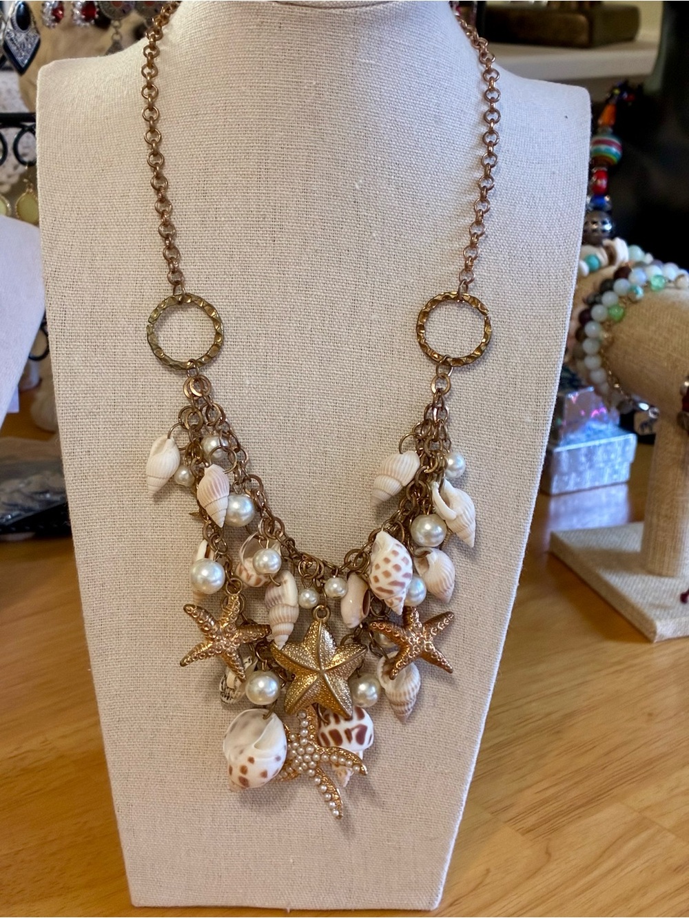 Sea Shell & Starfish Statement Necklace - White Pearls on Gold-Tone Chain.